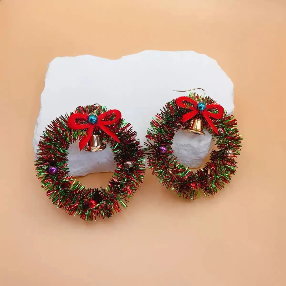Christmas Wreath Earrings with Bell & Red Bow | Holiday Statement Earrings | Festive Xmas Dangle Jewelry