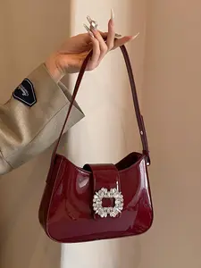 Wine red fashion simple and luxurious one-shoulder baguette bag, niche metal buckle one-shoulder underarm bag, versatile casual texture one-shoulder bag, classic small square bag, suitable for office workers, daily travel and so on.