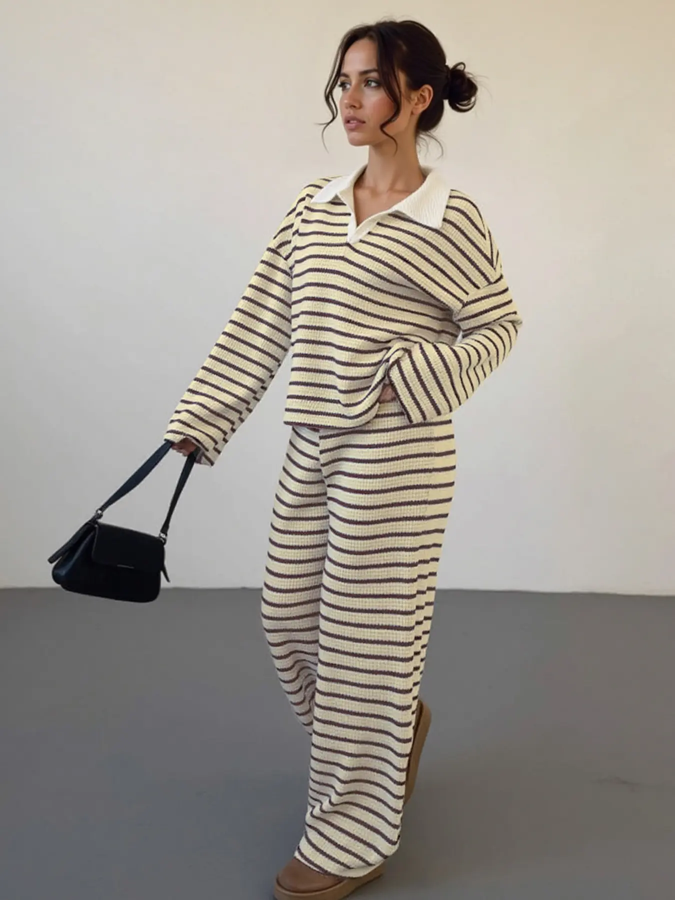 Women's Striped Collar Knit Loose Long Sleeve Top & Casual Pants Set, Fashionable Comfortable for Daily Wear