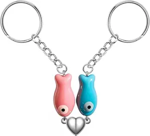 Couple Fish Keychains Magnetic Heart Keychain Set Cute Ceramic Key Chain for Valentine's Day Christmas Birthdays Anniversaries Weddings