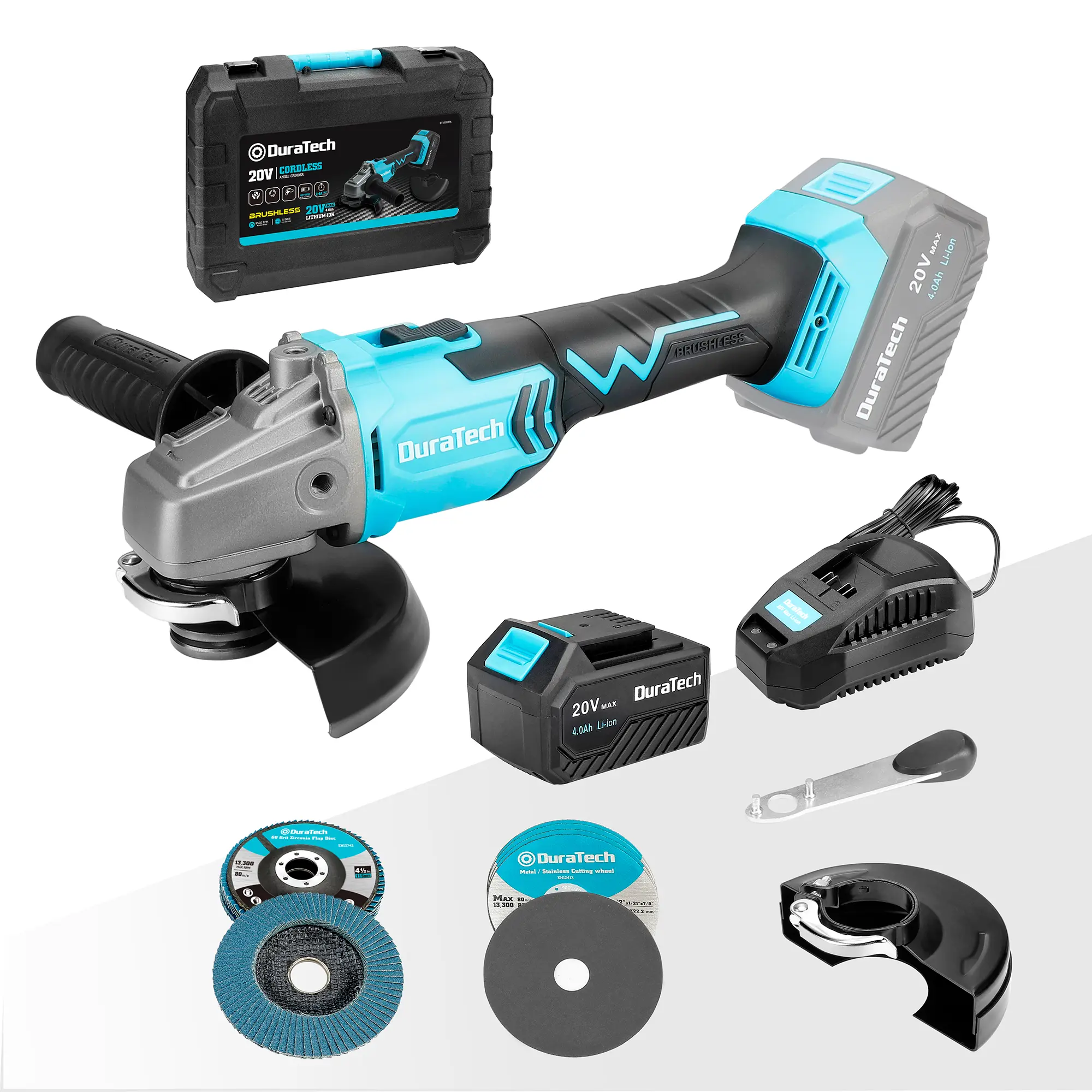 #summersale DURATECH 20V Cordless Angle Grinder Kit, Brushless Motor, 4-1/2" Disc, 4.0Ah Li-ion Battery and Fast Charger, Battery Powered Portable Grinder Tools for Cutting and Grinding Metal