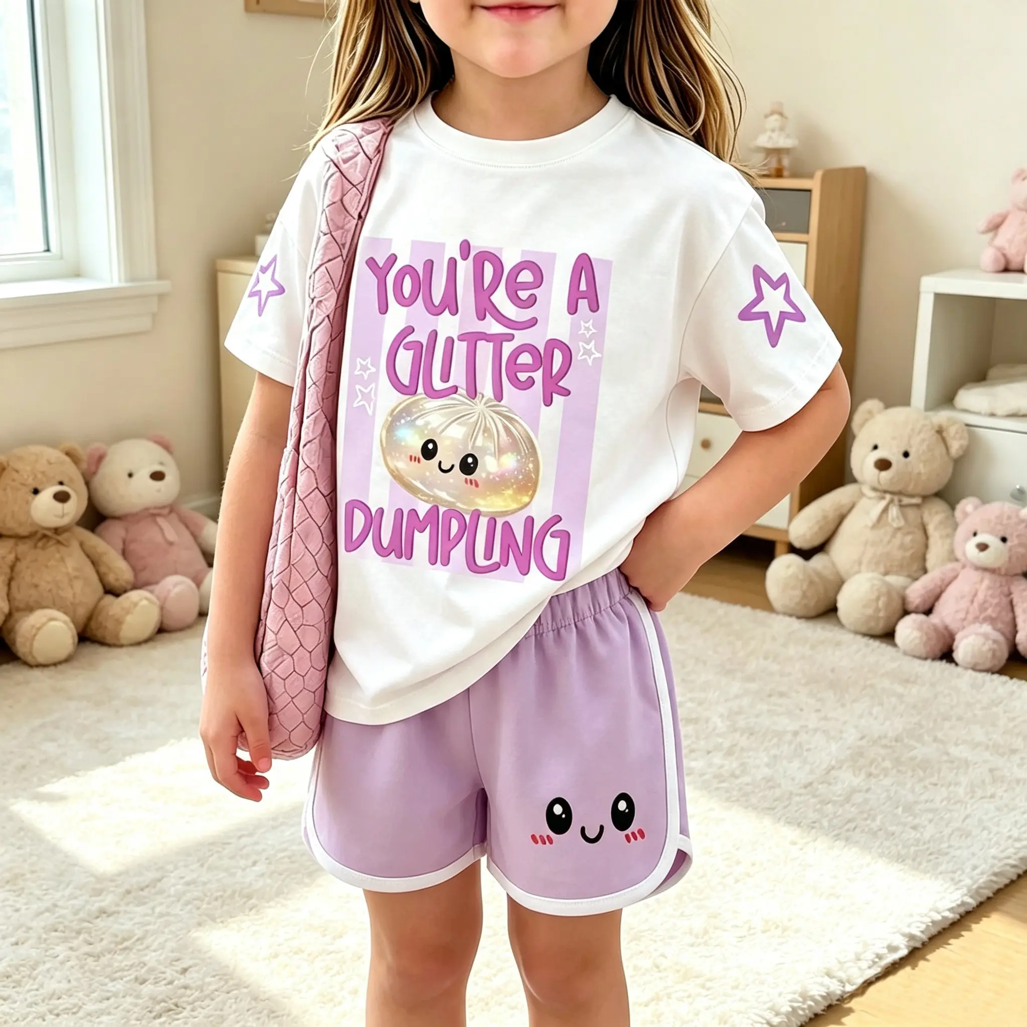 Girls 2-Piece Summer Outfit, Short Sleeve Graphic Top & Matching Shorts Set, casual Cute Kids Clothes for Back to School and Daily Wear Clothingsets Tee Set