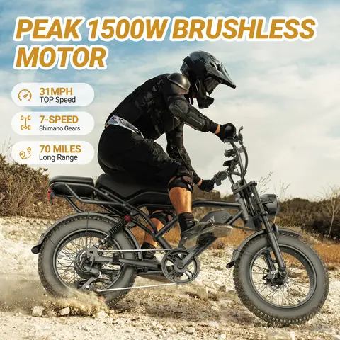 【VOLTVOGU】   1500W Electric Off-Road Bike: 20-Inch Full-Suspension E-Motorcycle with 48V 18Ah 40-70 Mile RangeAh Removable Battery, 31MPH Top Speed, 2-Seater, LED Headlights & 20" All Terrain Fat Tire UL 2849  Ebike Electric Motorcycle【 BK20】