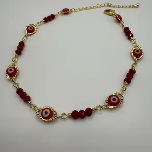 Gold Plated 18k Ankle Bracelet with Red Beads & Evil Eye Design Water Resistant Night Quality Adjustable 10 Inches Elegant Fashion Accessory