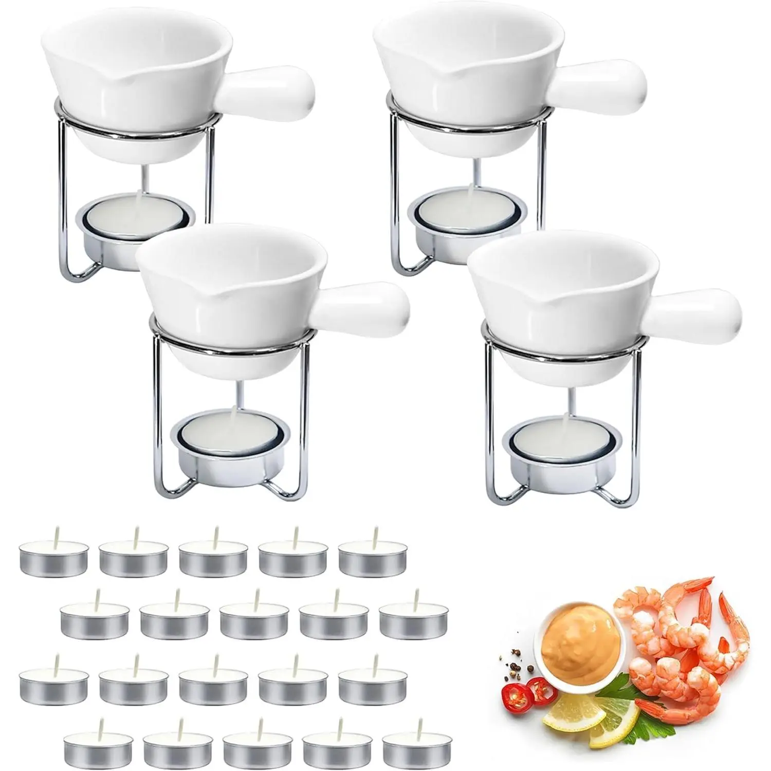 Reasim Butter Warmer for Seafood Set of 4,Lobster Butter Warmer Crab Butter Warmer Set with 20 count Tealight Candles,Ceramic Drawn Butter Melter for  Cheese,Fondue Seafood Boil Party supplie