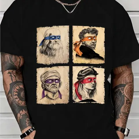 Graphic Tee Mens Casual Short Sleeve T Shirt Featuring Humorous Italian Artists and Teenage Mutant Ninja Turtles Artwork Regular Fit Round Neck Tee for Art Enthusiasts and Ninja Turtle Fans Oversized Casual Men's Letter Pattern Printed T-Shirt Streetwear