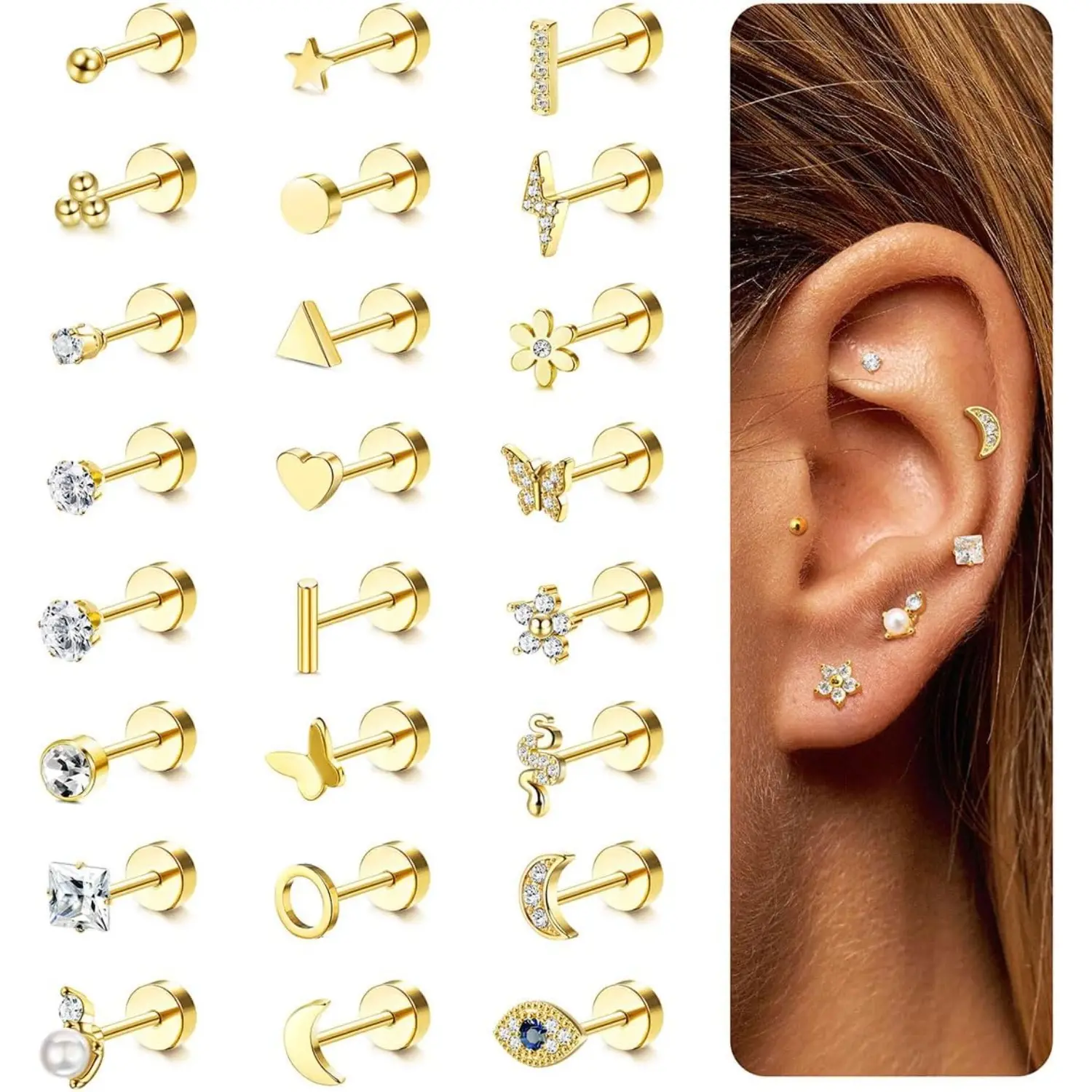 THUNARAZ 24-Piece Unisex Surgical Steel Earring Stacking Set, 20G Dainty Hypoallergenic Flat Back Studs for Cartilage, Helix, Conch, Tragus Piercings, Fashionable Gold Earrings for Daily Wear & Gifting, Fashionable Earrings
