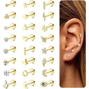 THUNARAZ 24 Pcs Dainty Hypoallergenic Flat Back Stud Earrings for Women Men Trendy Cartilage Earring Helix Conch Tragus Piercing Jewelry Small Surgical Stainless Steel Earring Sets 20G for Daily Outings Birthday Christmas Gifts