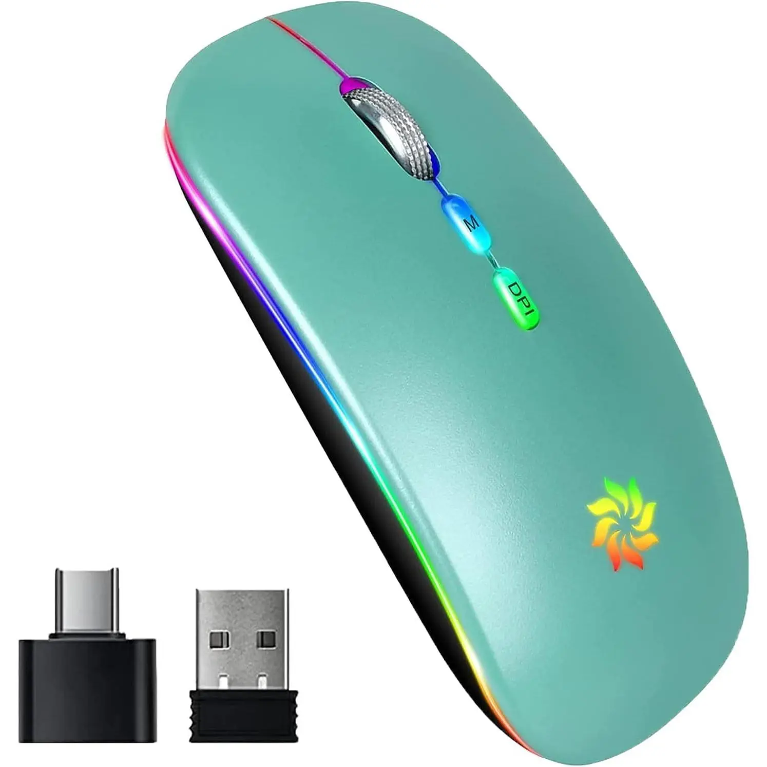 , LED   for Laptop, Slim Silent  2.4G Rechargeable  Computer  for Laptop, MacBook, iPad, Chromebook, with USB & Type-c Receiver