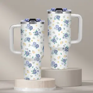 Blue Floral, 40oz tumbler with handle, iced coffee cup, watercolor flower design, Floral Lover Gift, for office and travel, Summer, Travel Mug, Stainless Steel Vacuum Insulated Water Bottle, Tumbler Gift for Women and Men