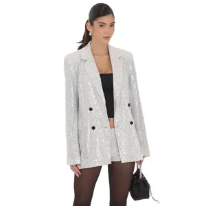 Double Breasted Sequin Blazer in Silver
