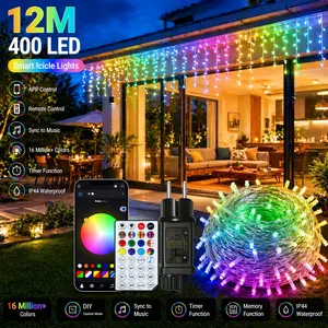 Smart RGB Icicle  Outdoor 20Ft 240LEDs 48 Drops, APP & Remote Control Music Sync Christmas Roof Icicle ,  Millions of Functions,  Clear Wire,Timer, Brightness Adjustable, Color Changing lights