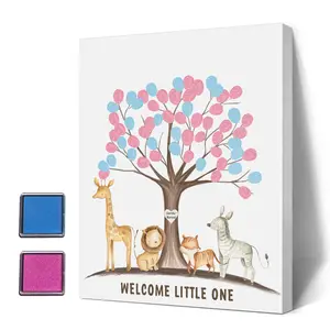 Gender Reveal Fingerprint Tree With Safari Animals  Shower Guest Book Party Ideas Keepsake Canvas Decoration