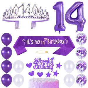 Princess Tiara and Crown Set with 14th Birthday Balloons Purple Latex, Cake Toppers, and Decorations