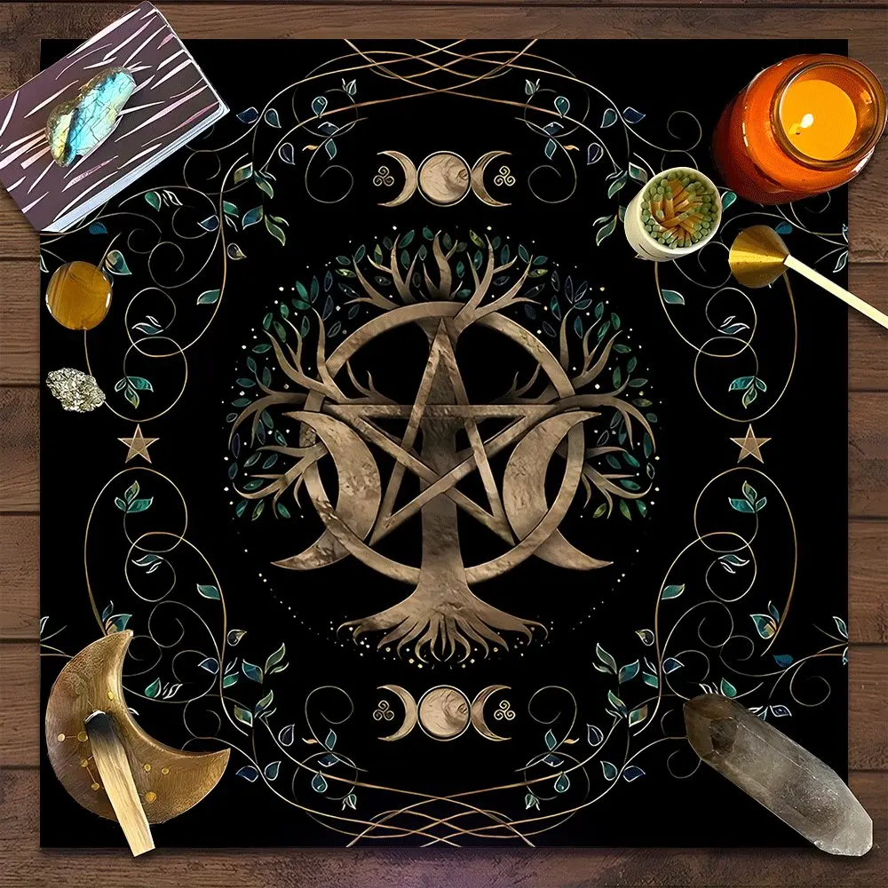 Mystical Tree of Life Pentagram Design Square Tarot Tablecloth, Witchy, Spiritual home decor Altar Cloth Multiple Sizes Polyester Fabric, Lightweight, Easy to Clean and Maintain Divination Cloth for Spreads, Rituals & Tarot Readings