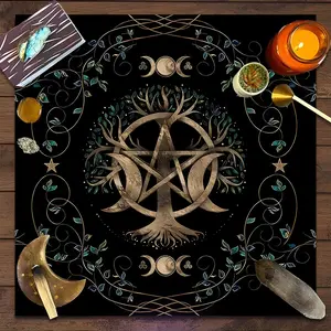 Mystical Tree of Life Pentagram Design Square Tarot Tablecloth, Witchy home decor Altar Cloth Multiple Sizes Polyester Fabric, Easy to Clean and Maintain Elegant Design Decorative Divination Cloth for Spreads, Rituals & Reading Gift for family and friends