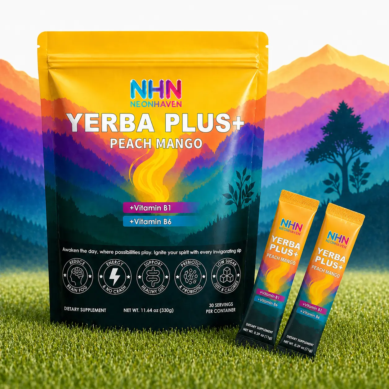Yerba Plus+ Yerba Mate Energy Drink Powder, Peach Mango Flavor, with Vitamins B1 & B6, Prebiotics & Probiotics, 30 Servings, Supports Energy & Focus, Promotes Gut Health, Easy to Mix, Dietary Supplement