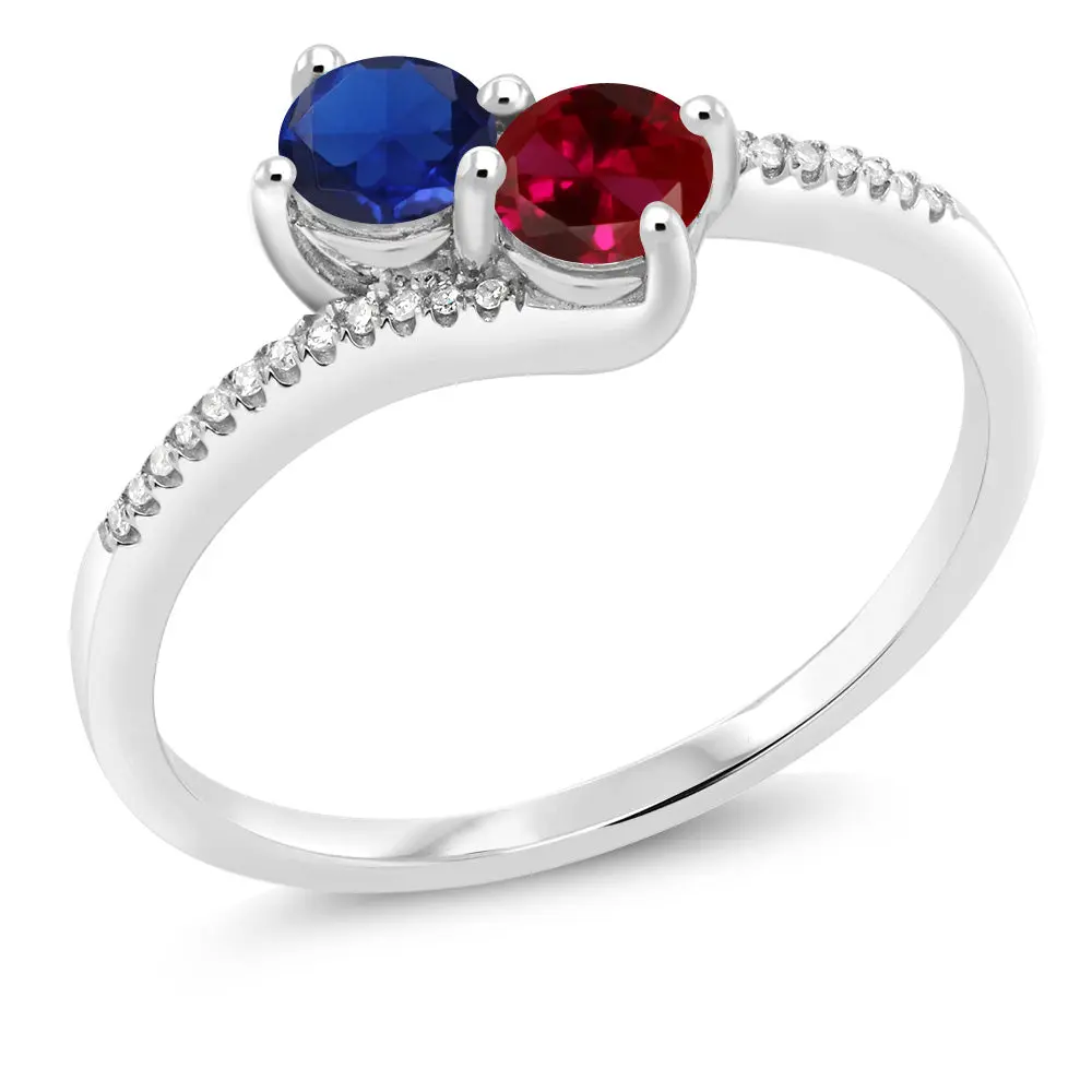 Gem Stone King 10K White Gold Forever United Two Stone Blue Created Sapphire and Red Created Ruby and Diamond Engagement Ring For Women (0.67 Cttw, Round), Diamond Rings, Created Gems