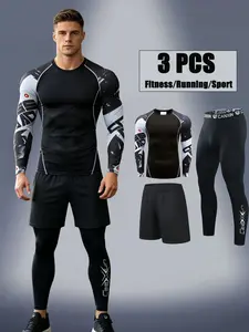 Men's Athletic Set, Street Style Geometric Print, Elastic Waist, Quick Dry, Ideal for Gym and Outdoor Activities