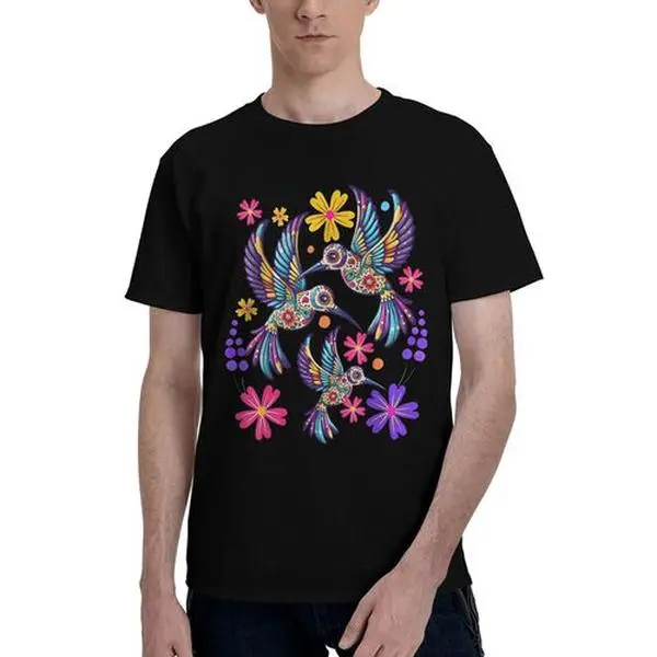 Unisex Hummingbird Colorful Mexican Flowers Bird Floral Nature T-Shirt,Unisex Crewneck T-shirt for Men And Women