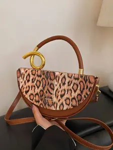 Fashionable leopard print versatile simple crossbody bag, personalized retro letter temperament handbag, exquisite color blocking niche design shoulder bag, suitable for shopping, daily commuting, and work, Hobo Shoulder Bag, Casual Shoulder Bag