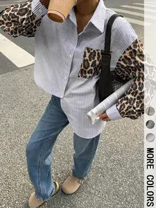 Women's Leopard Print Patchwork Striped Long Sleeve Fitted Casual Shirt Blouses, Vintage Style Women's Top, Ladies Fashion Clothing