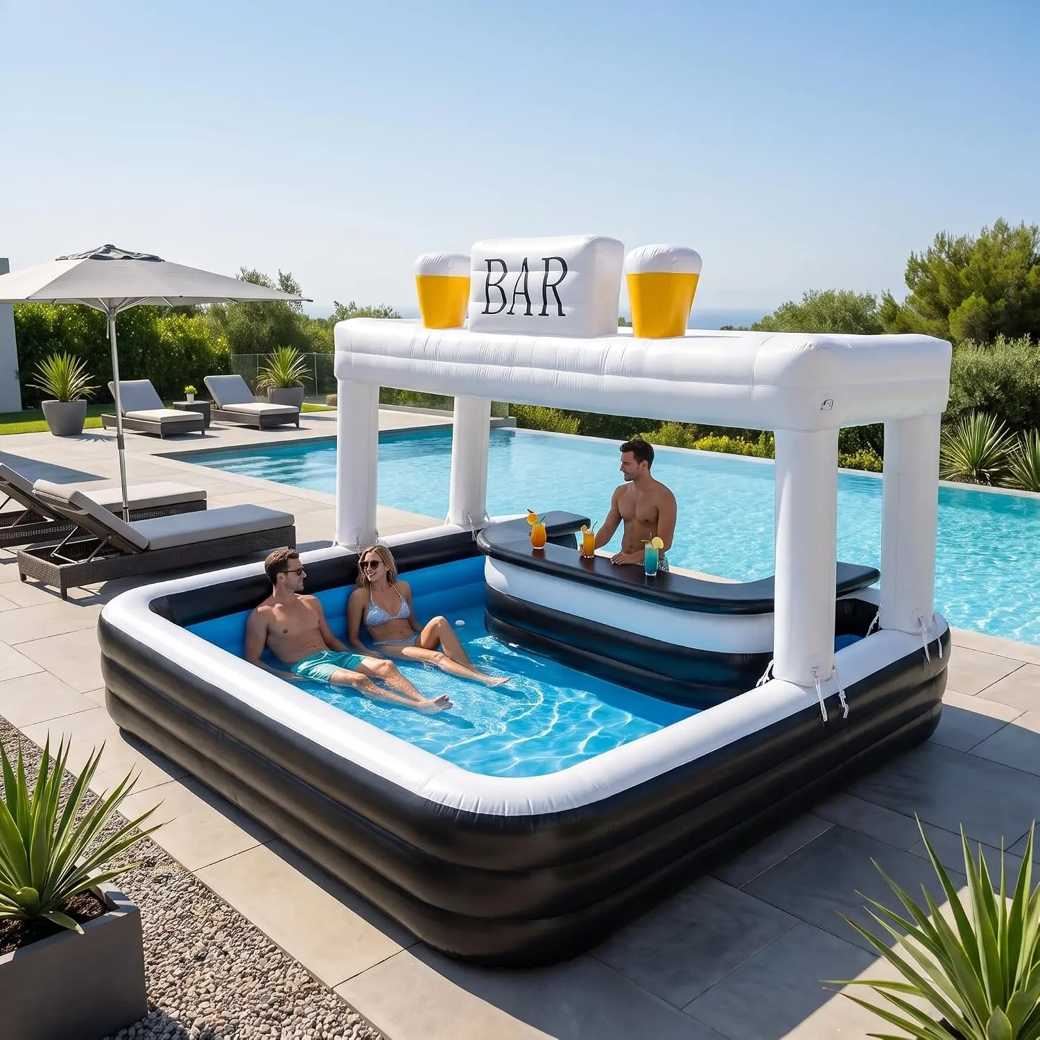 Inflatable Pool Bar for Adults, 15x15x10 FT Large Inflatable Bar Pool, Heavy Duty PVC Backyard Pool Bar for Summer Party, Outdoor Pool Party, Backyard Gathering