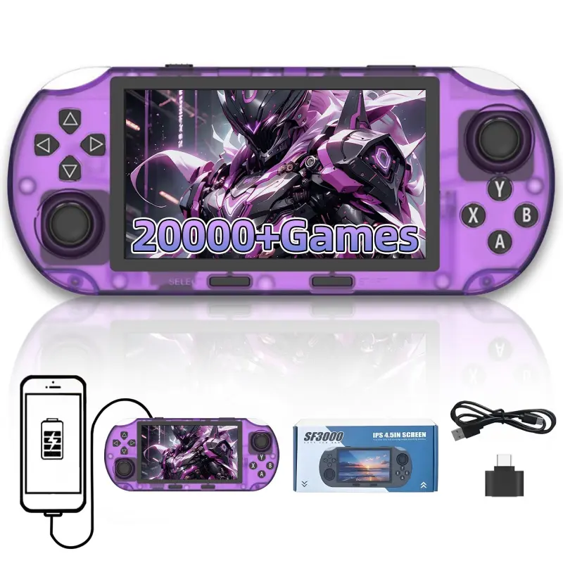 The SF3000 retro handheld game console, Portable game console, Handheld gaming console, features over 20,000 games, 14+ emulators, 4.5-inch IPS HD screen, dual-core processor, instant phone charging, TV connectivity