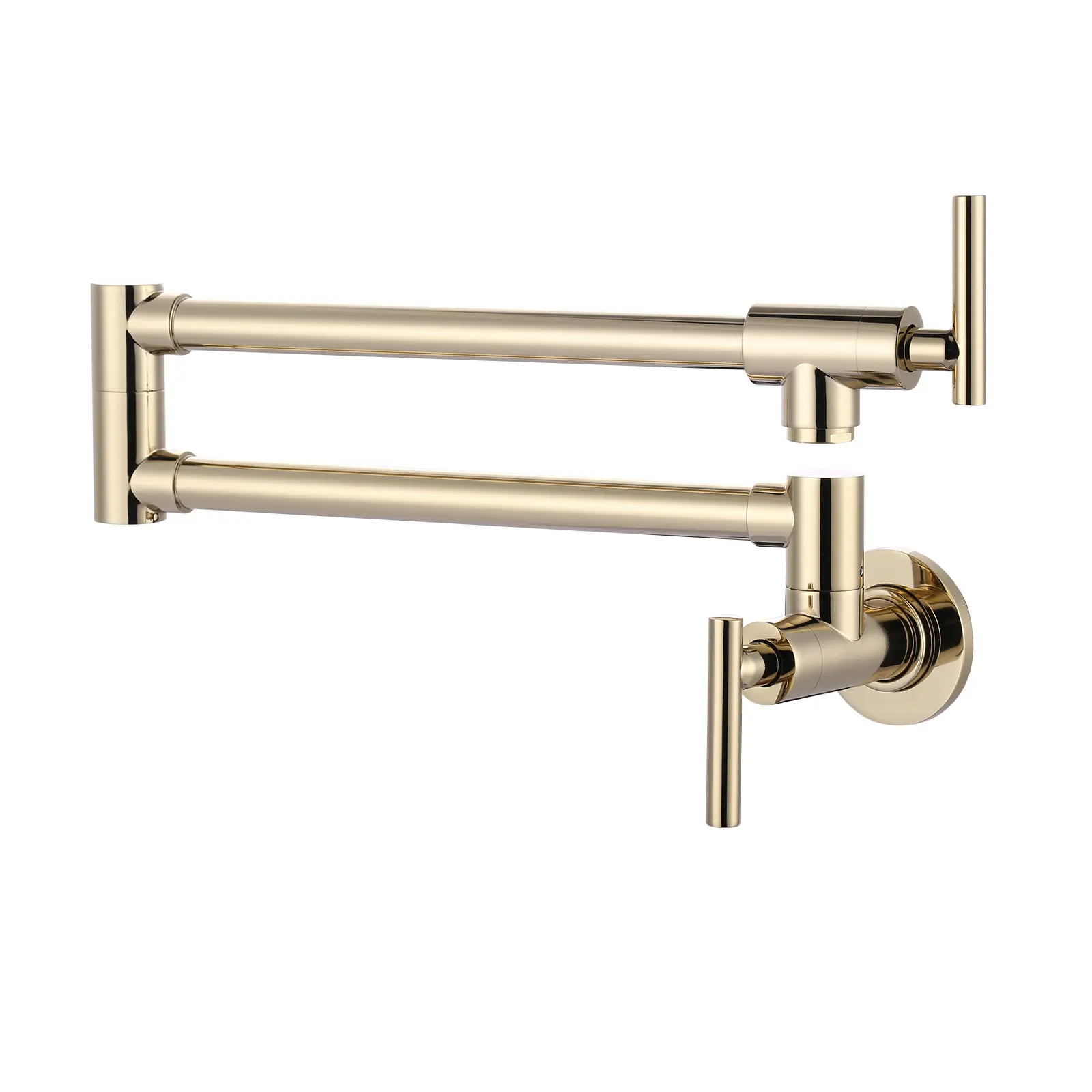 WOWOW Classic Glam Solid Brass Wall-Mount Pot Filler Faucet - Polished Brass Cold Water Stove Tap with 360° Swing Arm Design, Dual Flow, Double Joint Folding Arms, 1.8 gpm/3 gpm, High-Quality Aerator, Leak-Free Design for Over-Stove Kitchen Use, Double Fl