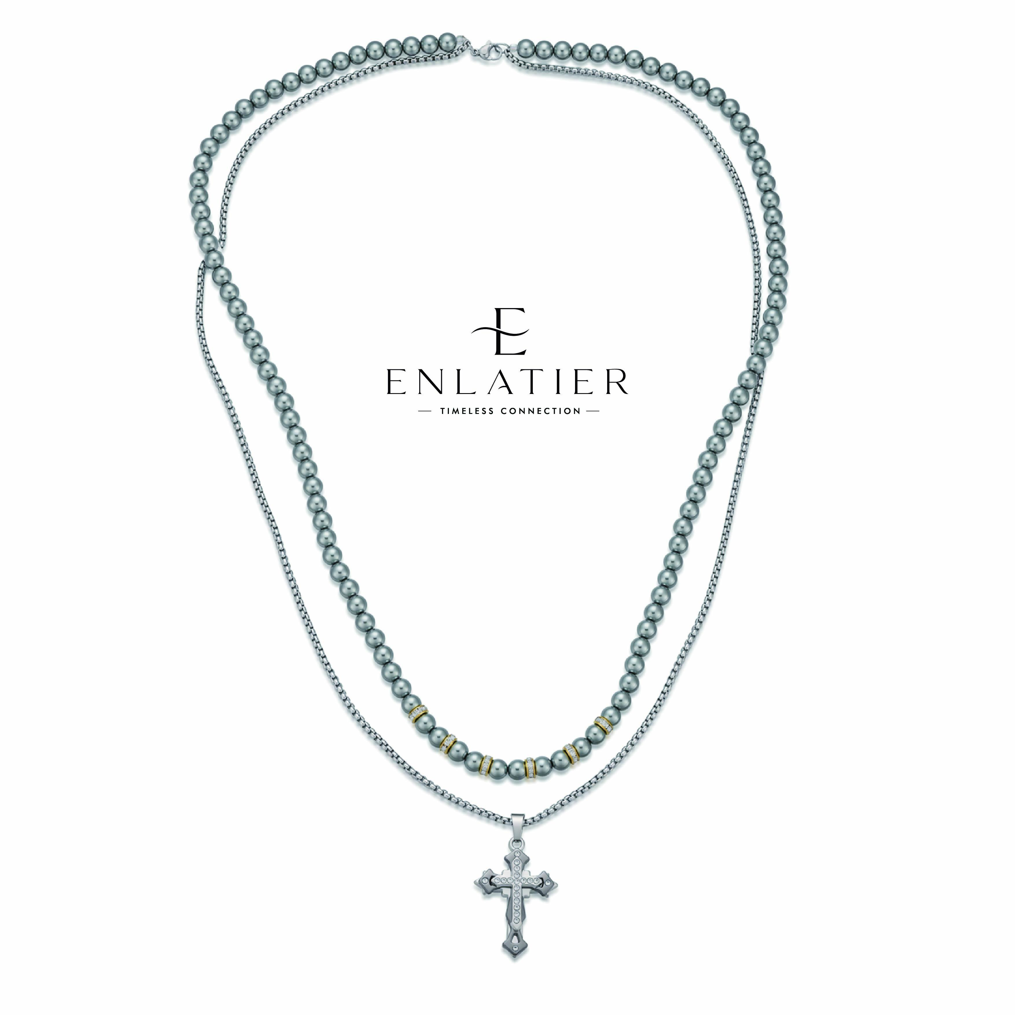 Vintage Faux Pearl Necklace 8mm With Gunmetal Alloy Cross Pendant, Double Layer Beaded Chain, Men's Women's Hip Hop Gothic Punk Jewelry, Religious Gift, Streetwear Fashion Accessory