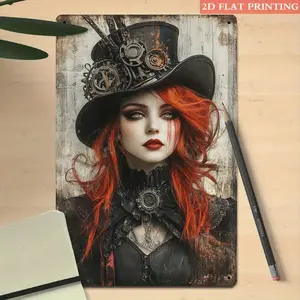 8x12 in 2D Aluminum-Iron Flat Plaque Metal Sign, Steampunk Lady Wall Art - Gothic Redhead with Gear Hat, Victorian Vintage Decor, Ideal for Man Cave, Steampunk Enthusiast Birthday Gift
