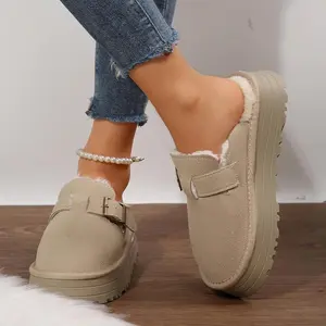Women's Faux Suede Furry-Lined Clogs - Platform Mules with Buckle Detail  Mini Snow Boots Cozy Winter Footwear Indoor Outdoor Shoes