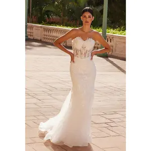 Nox Anabel -JQ1038 Strapless Floral Applique Trumpet Bridal Dress