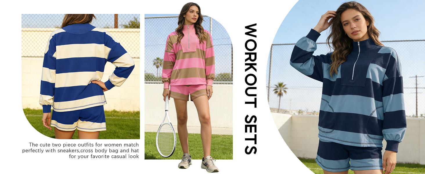 Mundoven Women's Valentine's Day 2 Piece Outfits Summer Striped Workout Set Two Piece Matching Lounge Sets Half Sleeve Tops and Short Sets Oversized