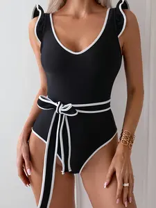 Women's Solid Color Tie Side One-Piece Swimsuit, Casual Fashion Chic Swimwear for Beach Holiday Vacation, Ladies Swimsuit for All Seasons