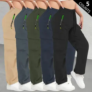 Women’s all-season cargo pants, 5-piece set | Stylish large pockets, drawstring elastic waistband, casual outdoor/everyday long pants, solid color