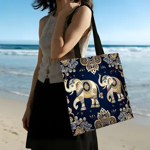 Elephant Paisley Canvas Handbag, Bohemian Indian Floral Print, Eco-Friendly Women's Shoulder Bag, Lightweight Large Capacity
