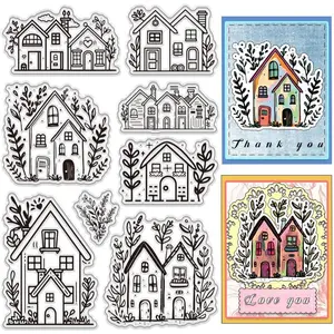 House Theme Clear Stamps Set 8pcs Line Drawing Style Rubber Stamp Silicone Clear Stamps Reusable Transparent Stamps for Scrapbooking Journaling Card Making Album Photo Decoration