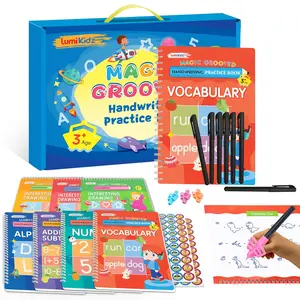 LUMIKIDZ Magic Grooved Handwriting Practice Kindergarten Workbooks for Kids Ages 3-5, Reusable Busy Book, Motor Magic Happy Writer System Toddler Learning Activities Writing Books with Pencil Grips