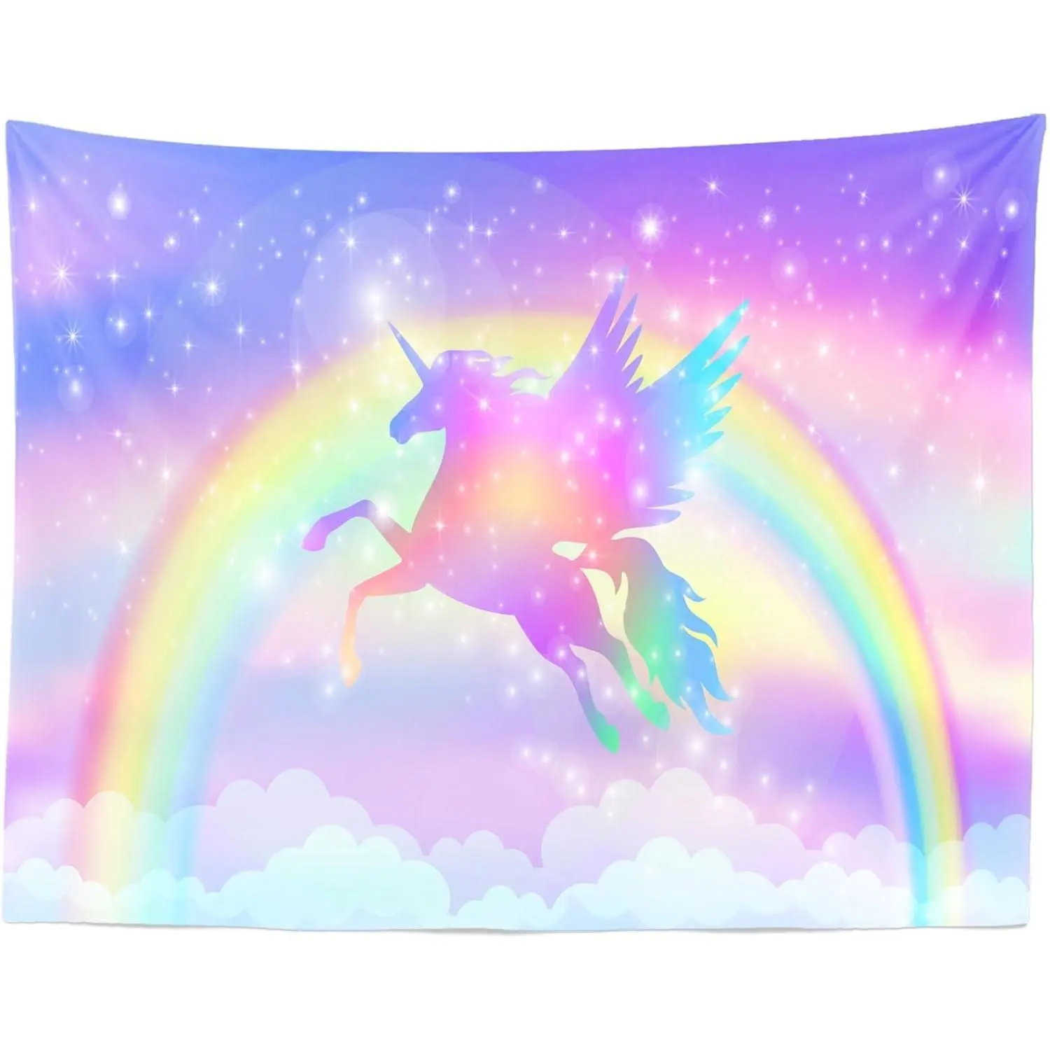 81x59 Inch Rainbow Unicorn Tapestry - Fantasy Winged Unicorn Silhouette, Stars, Mat, Photo Cloth - Kids' Themed Party, Living Room Dorm Wall Hanging Home Decor