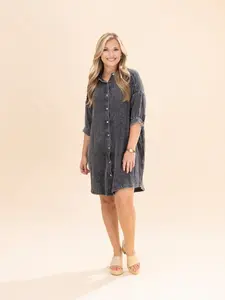 Women's Washed Double Gauze Button-Down Shirt Dress, Casual Style, Size S-L