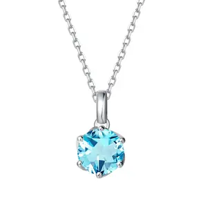 FANCIME “Everbloom” 14K Solid White Gold Aquamarine Birthstone Gemstone Pendant with Sterling Silver Chain Necklace