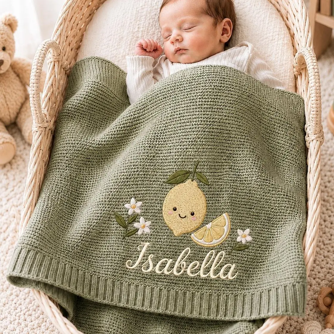 [Made-to-Order] Personalized Lemon Embroidered Name Blanket, Custom Citrus Fruit Knit Blanket, Lemon Blossom Botanical Blanket, Fresh Nursery Decor, Newborn Gift