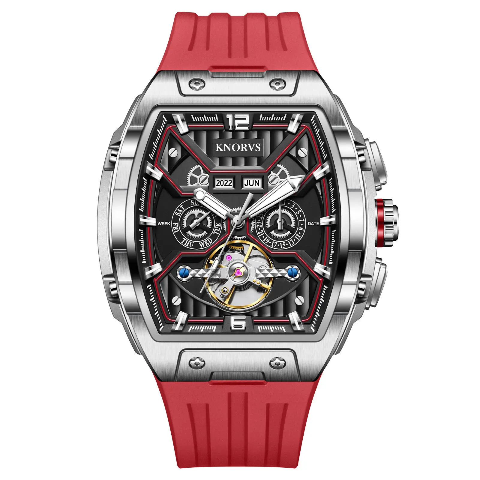 Men's Automatic Watch Tonneau Luxury Skeleton Watches for Men Mechanical 50M Waterproof Analogue Watches Mens Unique Cool Square Big Face Dial Wristwatch with Silicone Strap Band
