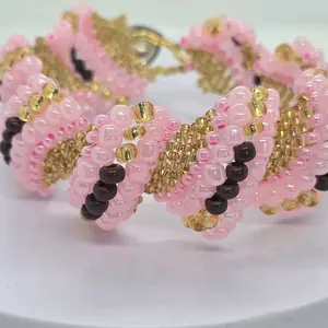 Orisha Obba Nani Religious Yoruba Bracelet Pink Beaded Gold Accents Yoruba Culture Jewelry