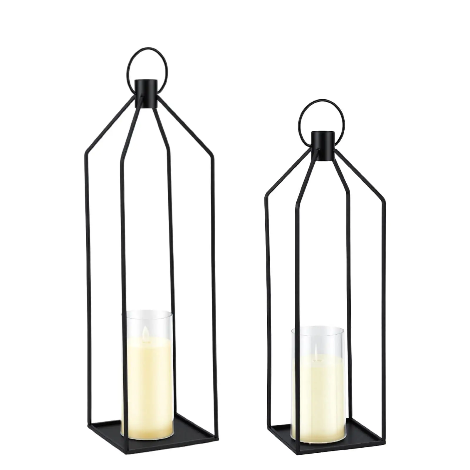 19" 22" Black Metal Modern Farmhouse Lanterns Decorative Indoor, Set of 2 Hanging Porch Lanterns Decorative Outdoor for Wedding, Home, Patio, Garden, Floor, Halloween & Christmas, No Glass