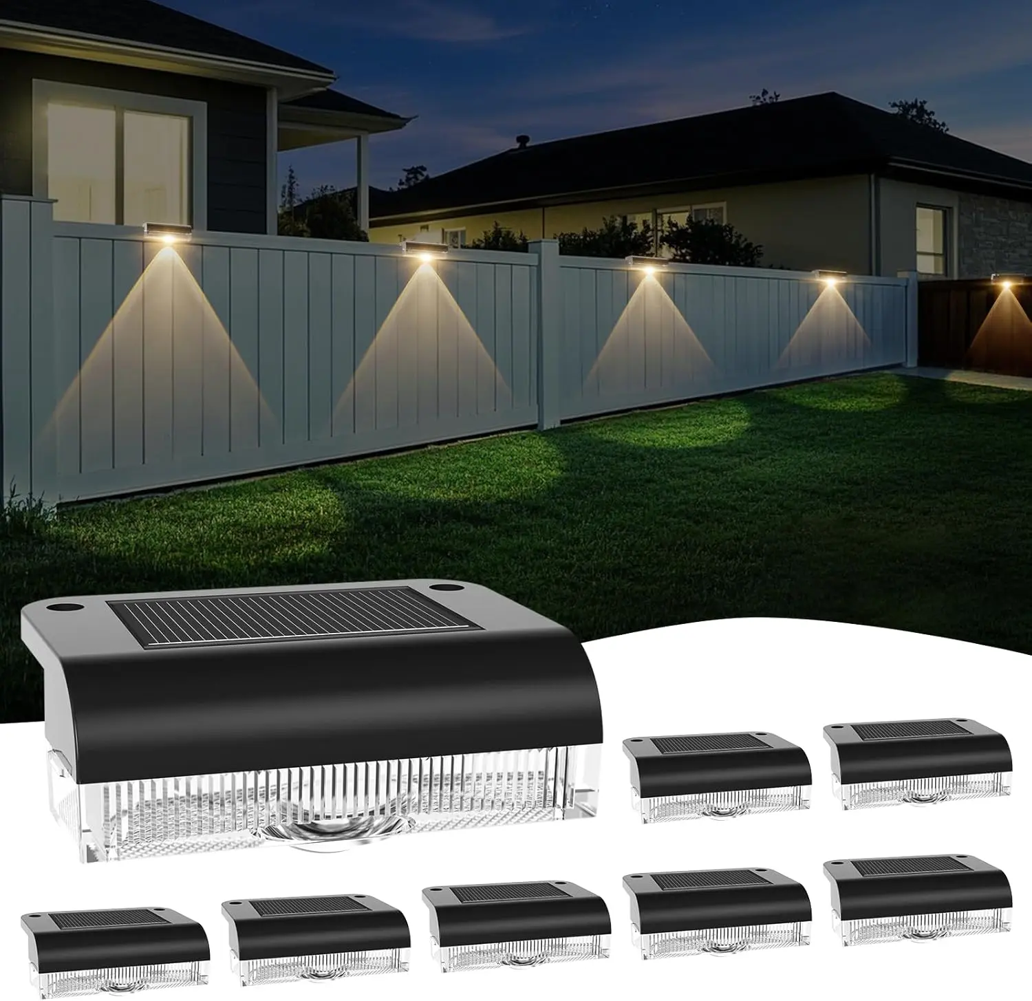 Solar Fence Lights Outdoor, LED Solar Deck Light , 8 Pack Balcony Lights Outside Solar  for Outdoor Stairs, Step, Railing, Yard, Patio Decor, Warm White
