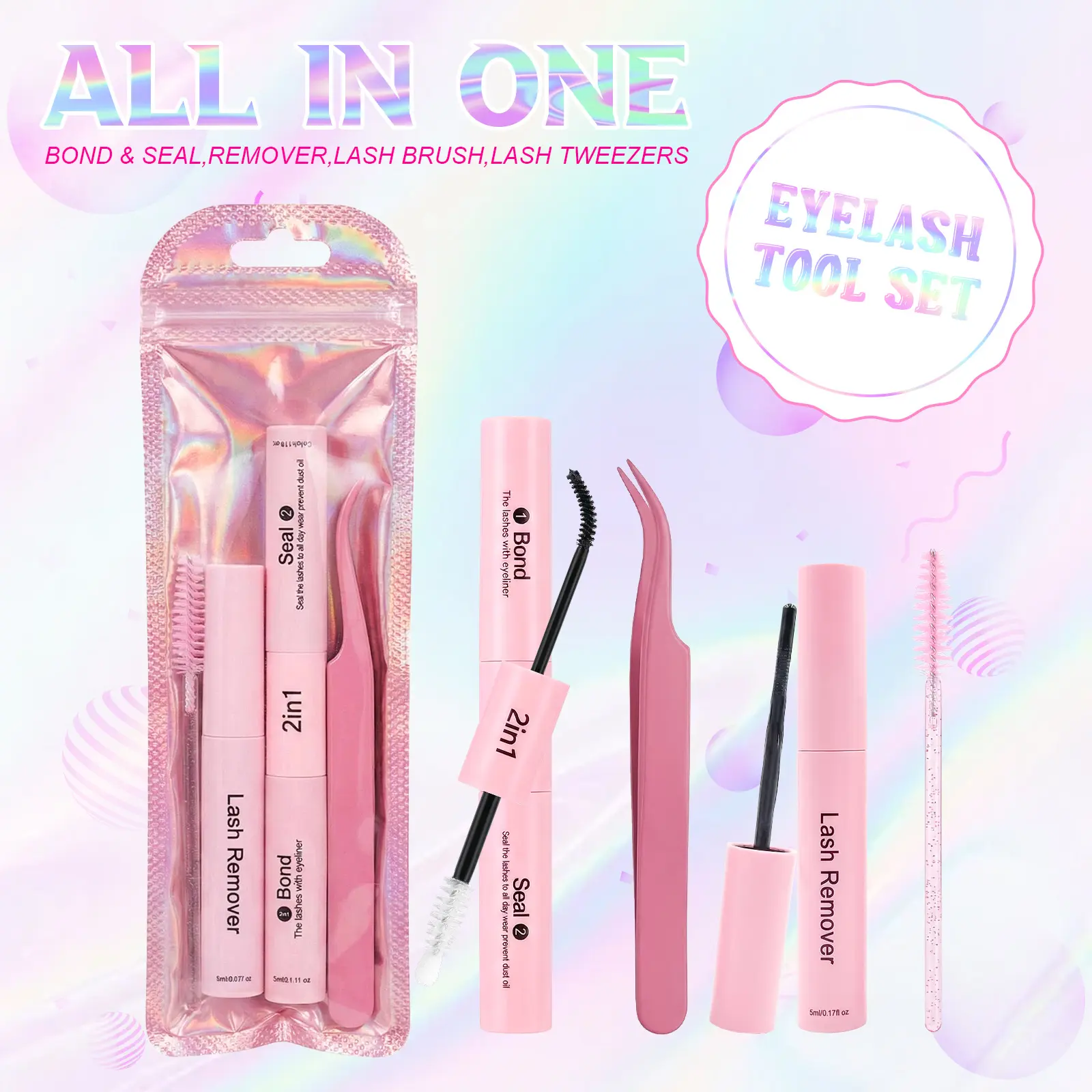 Eyelash Cluster Tool Kit Glue Bond and Seal Kit with Lash Glue Removerand Tweezers Brush Long-Lasting,Waterproof For DIY Eyelash Extension At Home Use Beginners Friendly Kit 4-in-1 for Girl Woman