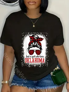 100% Cotton Unisex Oklahoma Women Messy Bun Hair, I Love Oklahoma T-Shirt Vingate Printed Casual Round Neck T shirt