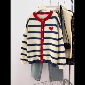 NewWomen's Heart Colorblock Striped Print Button Front Cardigan, Casual Long Sleeve Knitwear for Daily Wear, Ladies Clothes for All Seasons